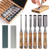 Hawerk wood chisel set in wooden case for organized storage and quick access.
