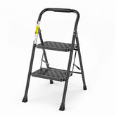 HBTower 2-step ladder with folding steel steps for space-saving storage.