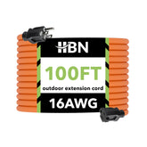 HBN 100-foot outdoor extension cord unrolled for heavy-duty use.