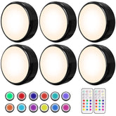 HELPLEX LED puck light with remote enables easy, hands-free brightness adjustments.
