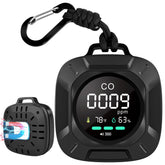 Hervimo CO detector on a tabletop setup shows CO, temperature, and humidity at a glance.
