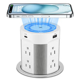 HEZI pop-out countertop outlet assembly shown on a kitchen island, ready for use