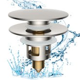 Hibbent all-metal 2-in-1 stopper shown in brushed nickel for universal sink fit