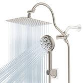 Hibbent 10x9-inch square rainfall head; rust-resistant stainless finish for durable luxury.