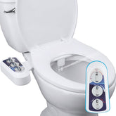 Hibbent bidet attachment with dual nozzle for rear and front washing.