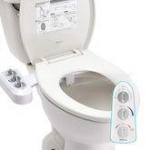 Hibbent bidet attachment front view with dual nozzles for thorough rear and feminine cleaning.