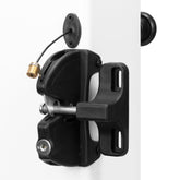 Hillmaster key lockable gate latch on square post, secure outdoor gate.
