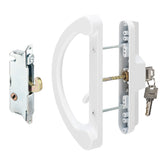 Hillmaster sliding door handle with mortise lock, durable white finish for long-lasting patio security.