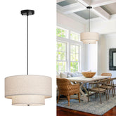 Hiluxia 18-inch double drum pendant light with beige linen shade for soft dining room illumination.