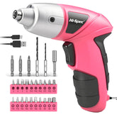 Hi-Spec pink electric screwdriver in hand for quick home repairs
