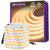 HitLights COB LED strip in warm white 2700K on a 16.4ft reel for smooth installation.