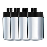 HiWater four-pack chrome faucet filter cartridges for Brita compatibility.