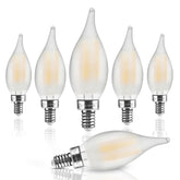 Hizashi LED frosted candelabra bulb with flame-tip for warm chandelier lighting.