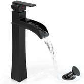 HOIGY vessel sink faucet with black waterfall spout enhances modern bathroom design