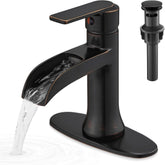 HOIGY waterfall faucet in oil rubbed bronze spout delivers smooth flow with reduced splash.