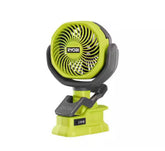 Home Depot Birsppy Ryobi 18V ONE+ clamp fan front view for compact workspace cooling.