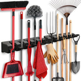 HOME IT 2 Pack Mop and Broom Holder wall mount front view shows organized tools