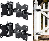 HOME MASTER HARDWARE self-closing gate hinges with black finish on an outdoor fence, durable and reliable.