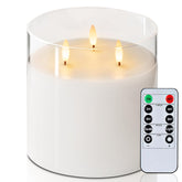 Homemory 6x6 extra-large flameless candle with glass shell and three wicks for cozy ambiance.