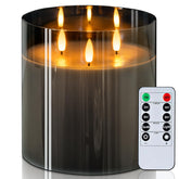 Homemory 6x6 grey glass flameless candle front view with three wicks for cozy ambiance