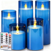 Homemory blue flickering candles illuminate a cozy shelf without flames.