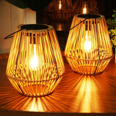 Homemory solar lantern with rattan shade creates a warm ambient glow.