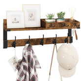 Homode coat rack with shelf in rustic wood keeps coats organized.