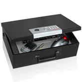 Honeywell safe with carry handle and double steel walls for secure transport.
