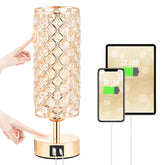 Hong-in crystal table lamp with gold base and USB port for easy charging.