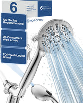HOPOPRO 6-mode high pressure shower head overview showing strong flow and quick setup.
