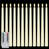 Hopule 12-pack flameless taper candles in ivory glow for weddings and holidays.