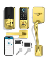 Hornbill smart lock front door close-up with brushed gold finish for stylish entry