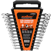 HORUSDY 12-piece metric wrench set organized in a sturdy rack for quick tool access.