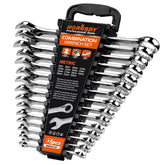 HORUSDY 15-piece metric wrench set with storage rack for organized tool access.
