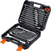 HORUSDY 32-piece wrench set in case showing SAE and Metric sizes for versatile repairs.