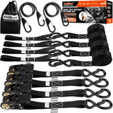 HORUSDY ratchet strap close-up hook with rubber-coated safety lock protects surfaces.