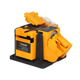 Hoteche 3-in-1 electric sharpener on a workbench ready for multi-tool sharpening.