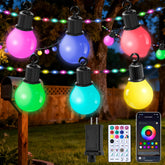 HOUHUI smart outdoor string lights on patio with 26 G40 bulbs for bright ambiance.