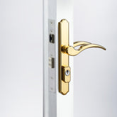 House Guard brass storm door handle with lock for secure entry.