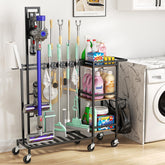 Housolution cart with vacuum stand securely holding a Dyson, ready for use