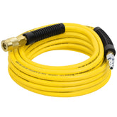 Hromee air hose 25 ft yellow, flexible and easy to spot in a workshop.