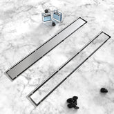HTOH 24-inch linear drain in brushed nickel showing robust stainless steel construction and finish