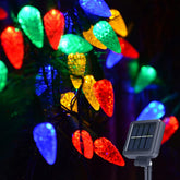 Huacenmy solar Christmas lights with 100 LED C6 strawberry ornaments illuminate outdoor trees.