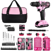 HUAKAYO cordless drill with pink carry bag, ideal for home repairs and DIY projects.