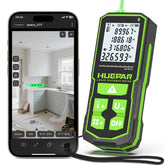 Huepar 330ft green laser measure tool display showing precise readouts in daylight