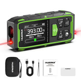 Huepar dual-laser distance meter showing long-range accuracy up to 393 feet.