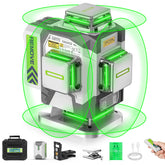 Huepar Pro laser level projects four 360-degree green cross beams for precise alignment.