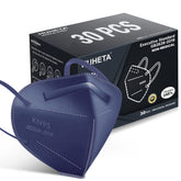 HUHETA KN95 royal blue mask, 30-pack, individually wrapped for portable protection.