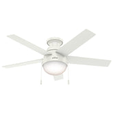 Hunter Anslee 46 inch ceiling fan with LED light in white finish for bright, quiet cooling.