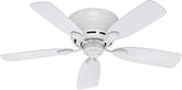 Hunter Low Profile IV 51059 flush-mount fan in white, ideal for low ceilings.